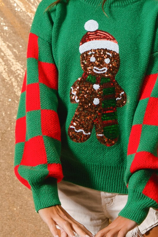 Sequin Gingerbread Christmas Sweater Green