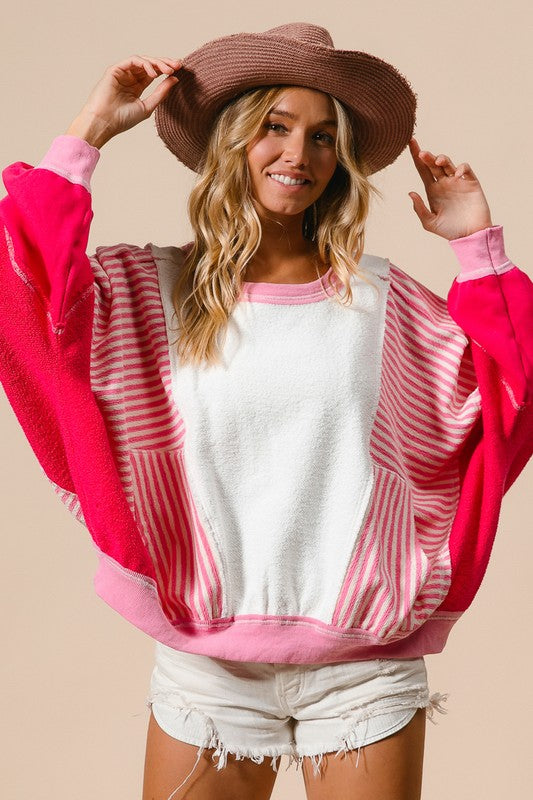 Heavy Loop Terry Stripe Pullover Ivory/Fuchsia