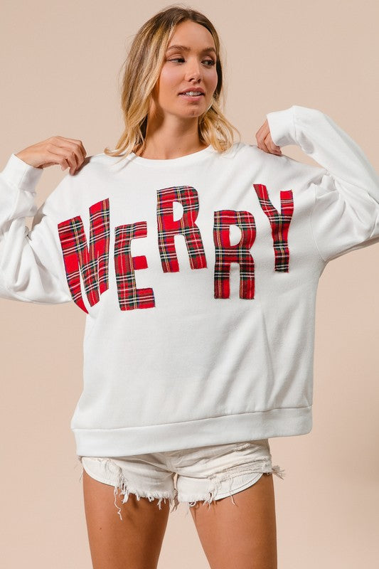 Plaid Merry Lettering Fleece Top White/Red