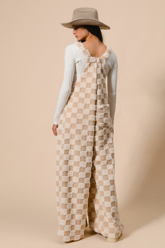 Checker Sherpa Wide Leg Overalls Ivory