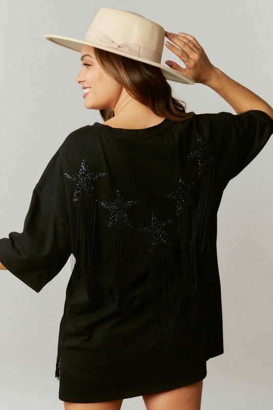 Fringed Star Sequin Patch Tee Black