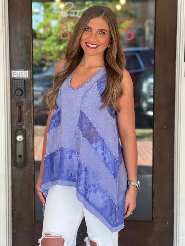 Sleeveless Lace Insert V-Neck Tunic Top Ultraviolet