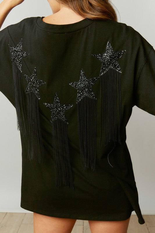 Fringed Star Sequin Patch Tee Black