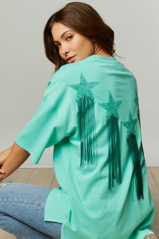 Fringed Star Sequin Patch Tee Mint