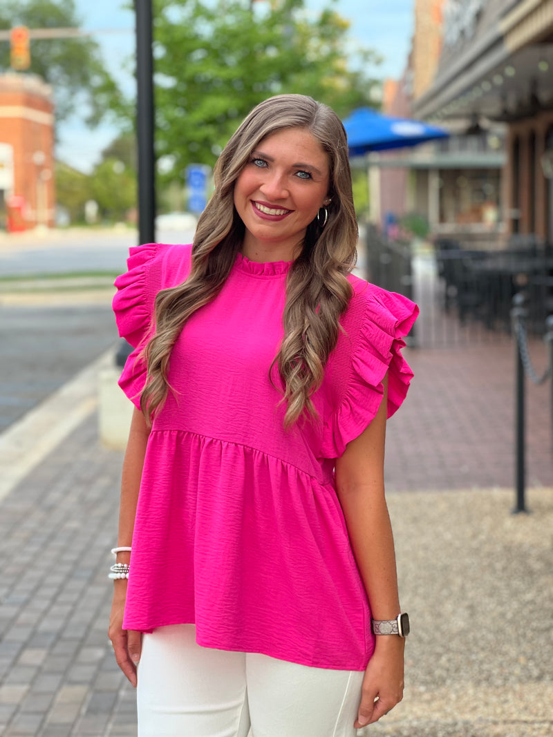 Ruffle Sleeve Baby Doll Top Hot Pink