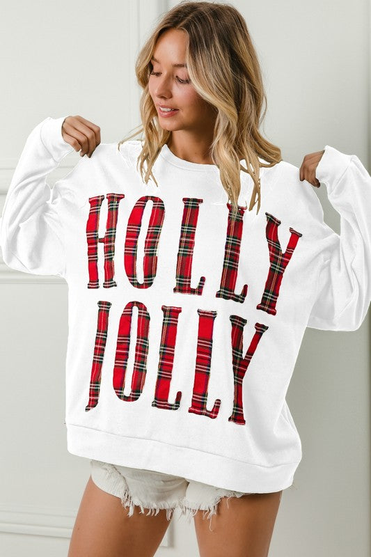 Plaid Holly Jolly Christmas Sweatshirt White