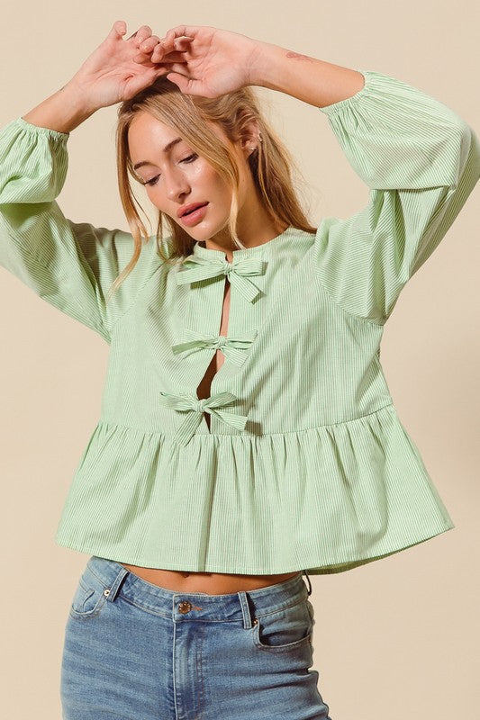 Pin Stripe Bow Ribbon Front Top Green