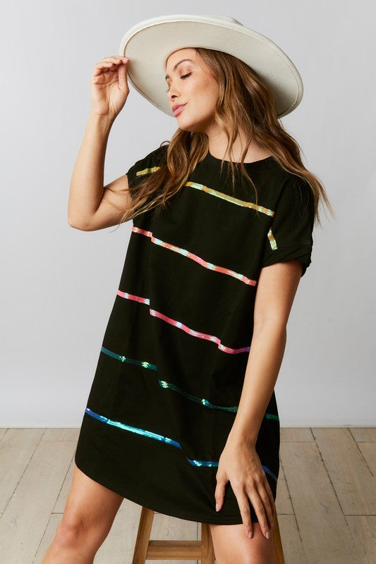 Mini Dress w/Sequin Rainbow Stripes Black