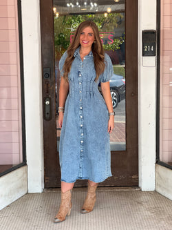 Short Sleeve Denim Midi Dress Blue