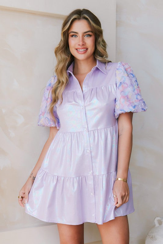 Floral Puff Sleeve Babydoll Dress Lavender