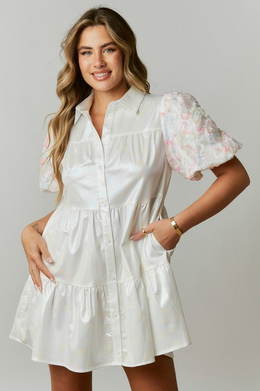 Floral Puff Sleeve Babydoll Dress White