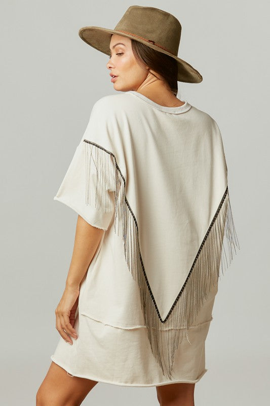 Back Fringe Mini Shirt Dress Cream