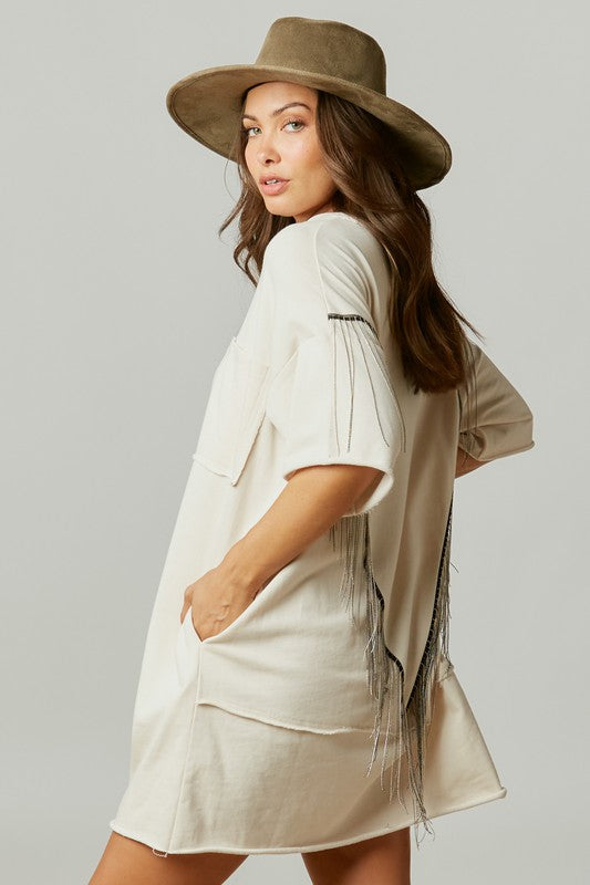 Back Fringe Mini Shirt Dress Cream