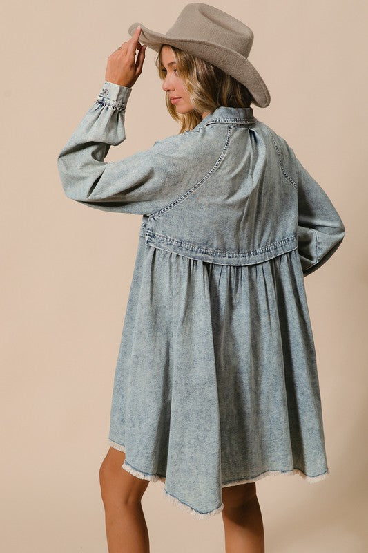 MIneral Washed Burron Down Dress Light Denim