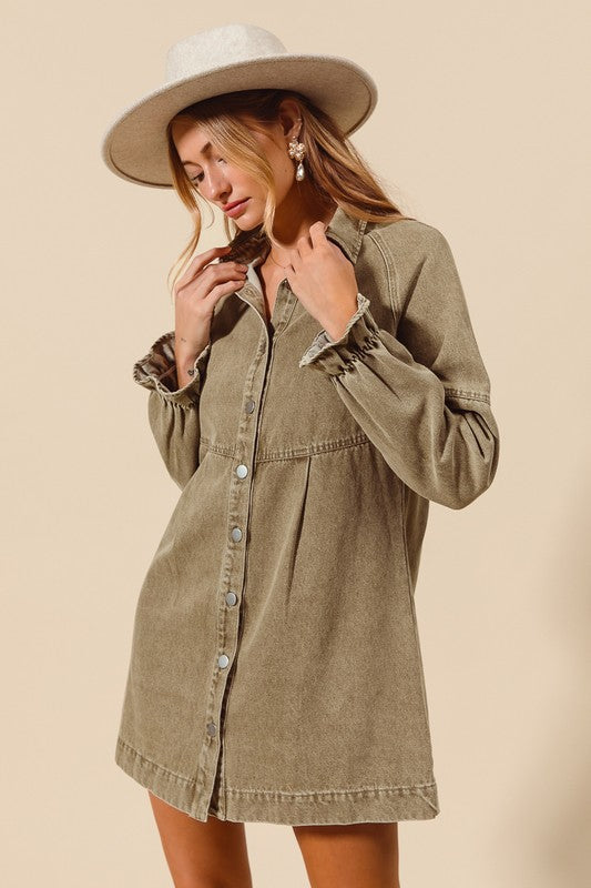 Washed Denim Button Down Mini Dress Olive