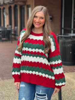 Textured Sweater Pullover Top Red/Green