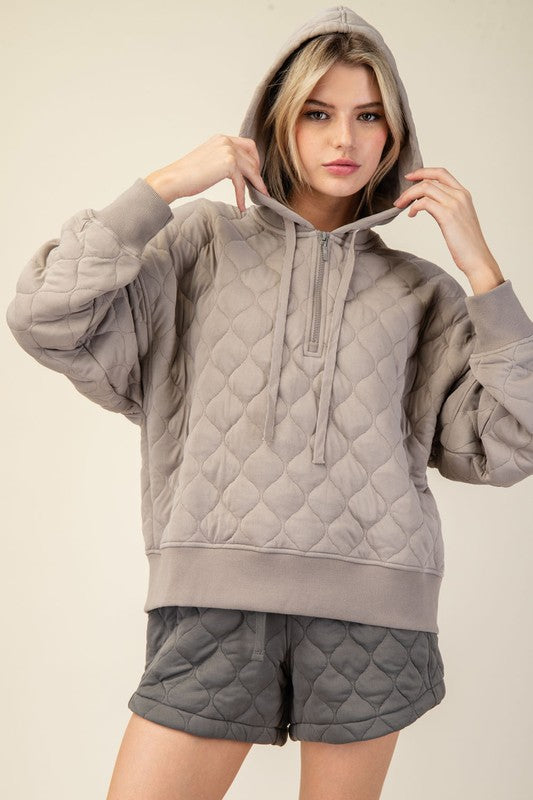 Quilted Quarter Zip Hoodie Jacket Stone Taupe