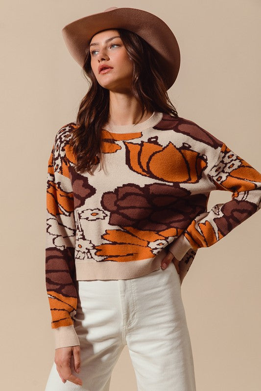 Flower Mix Sweater Top Oatmeal