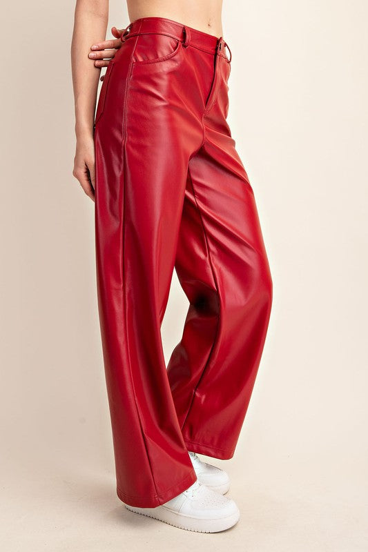 PU Leather Straight Pants Dark Red