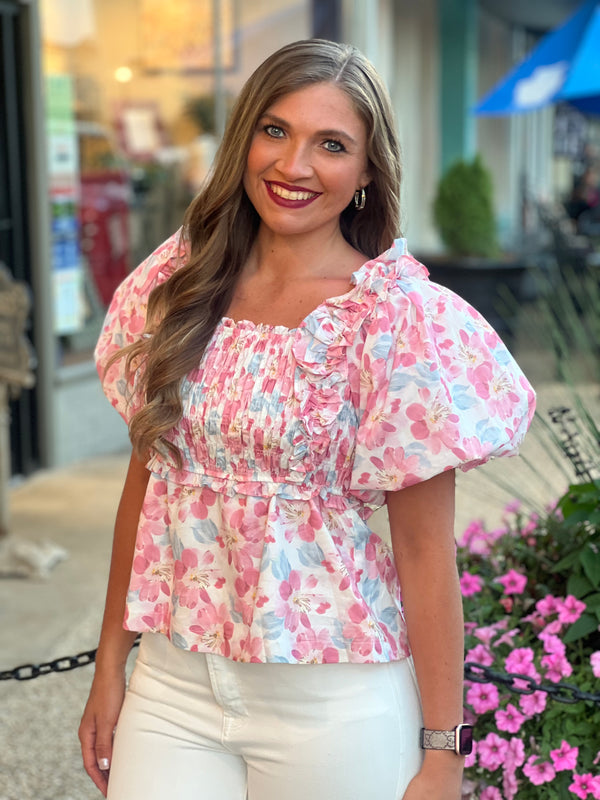 Square Neck Smocked Blouse Pink Multi Floral