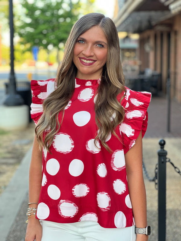 Dot Pattern Ruffle Cap Sleeve Top Crimson