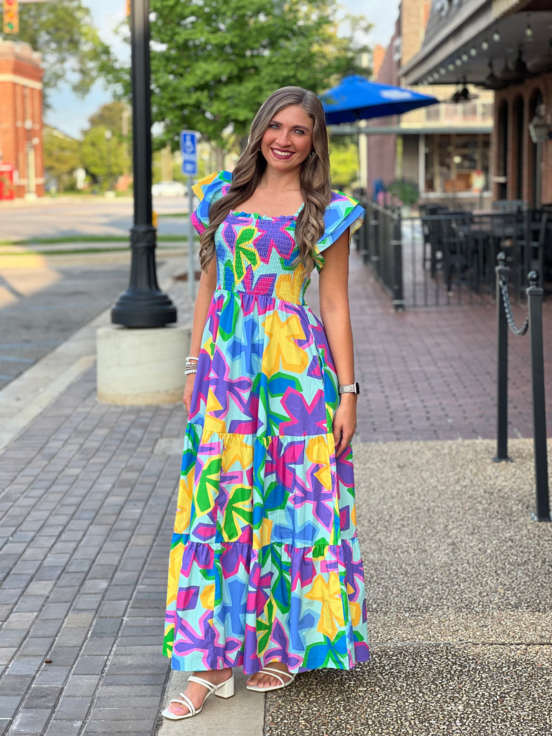 Floral Print Ruffle Sleeve Maxi Dress Blue/Purple