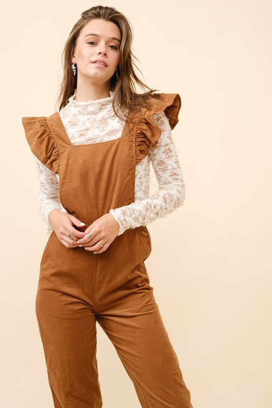 Ruffle Corduroy Overalls Camel