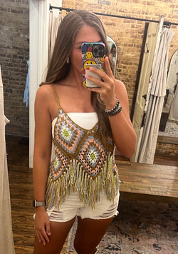 Crochet Crop Fringe Cami Tank Tan Multi