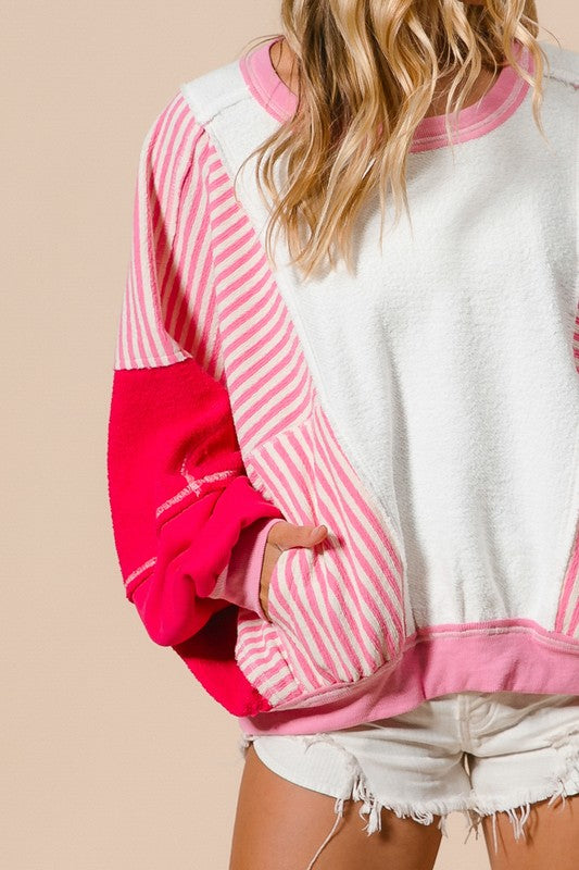 Heavy Loop Terry Stripe Pullover Ivory/Fuchsia