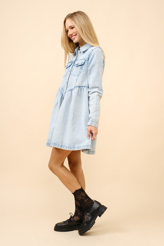 Garment Washed Flare Denim Mini Dress Light