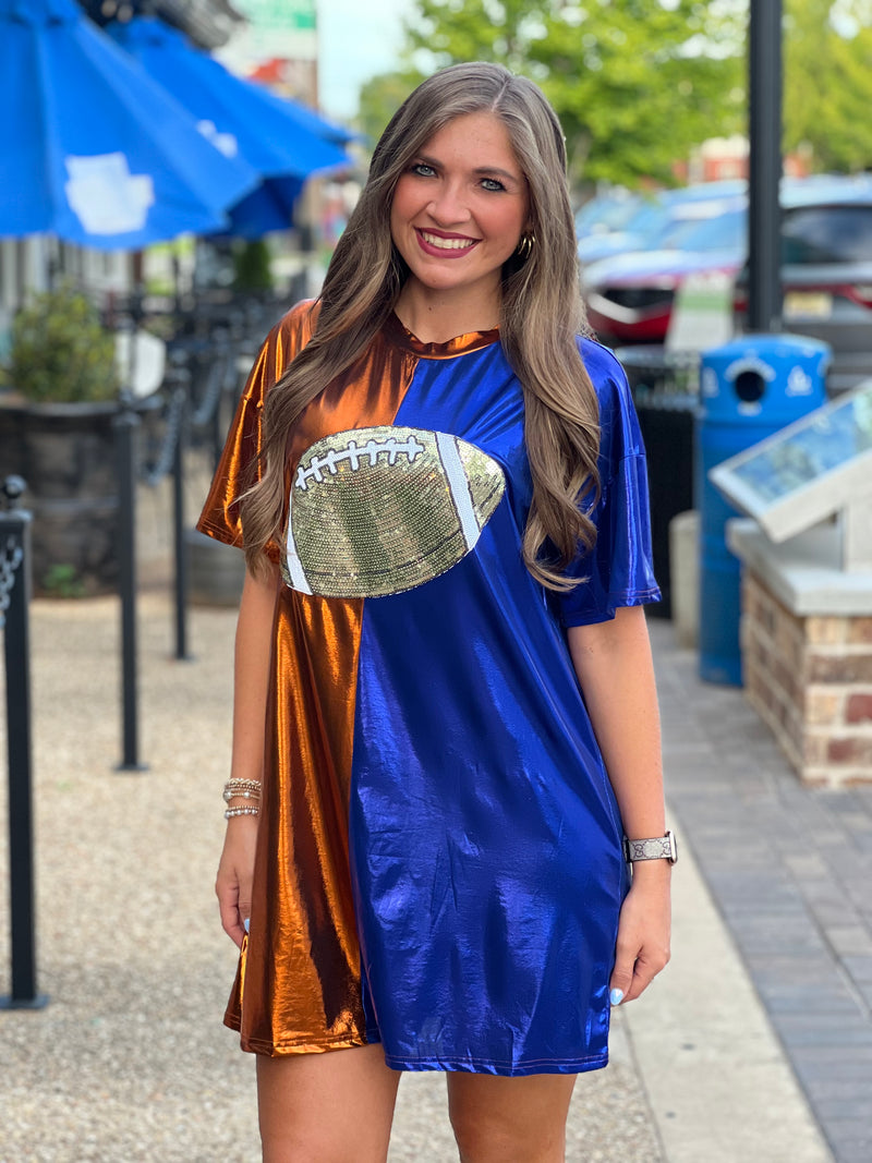 Game Day T-Shirt Dress W/ Football Patch Royal/Rust