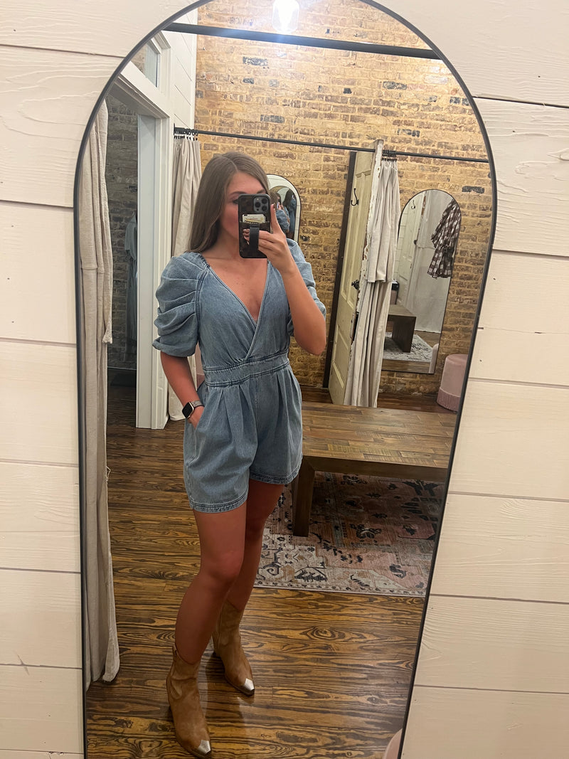 Washed Denim Pleated Puff Sleeve Romper Denim