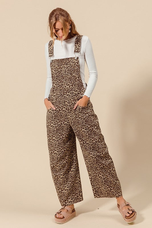 Leopard Denim Overalls Jumpsuit Oatmeal