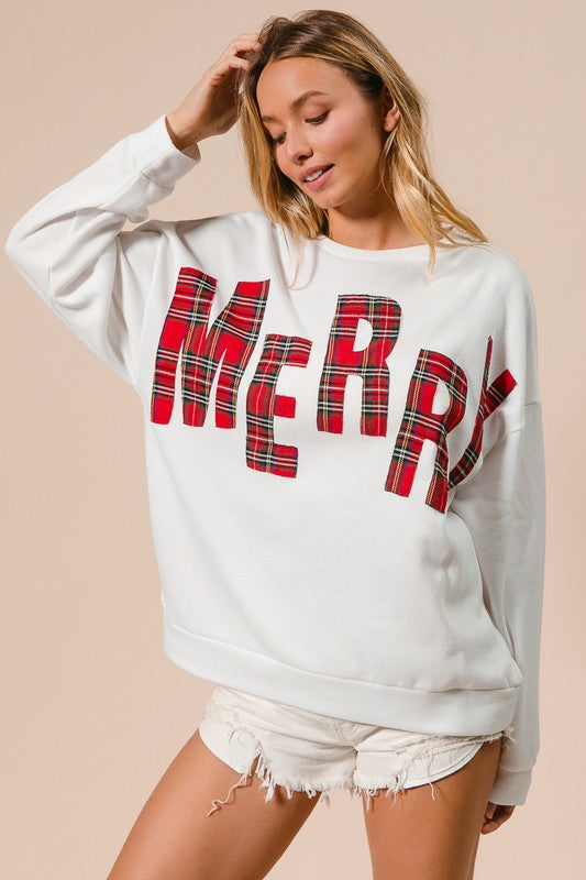 Plaid Merry Lettering Fleece Top White/Red