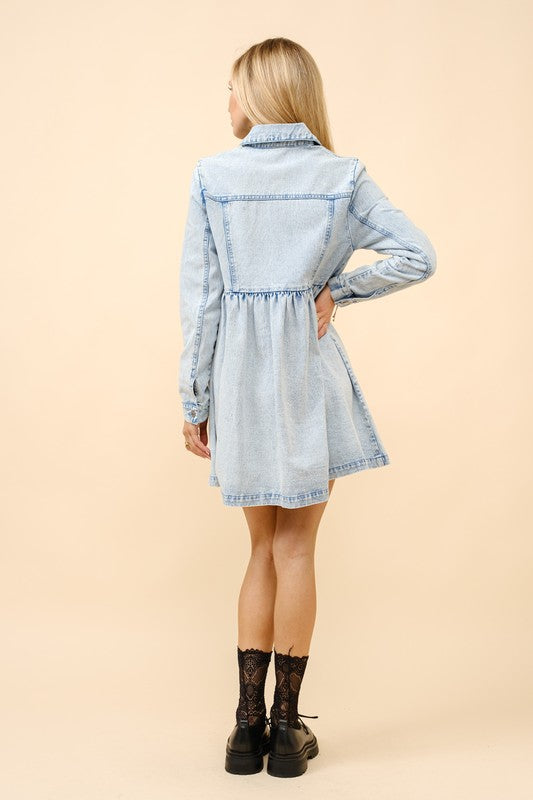 Garment Washed Flare Denim Mini Dress Light