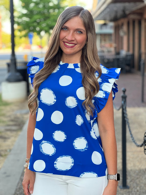 Dot Pattern Ruffle Cap Sleeve Top Royal