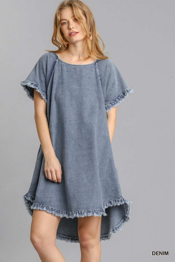 Pocket Denim Dress with Fringe Denim