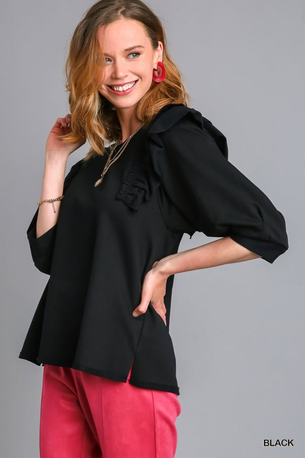 French Terry Ruffle Sleeve Top Black