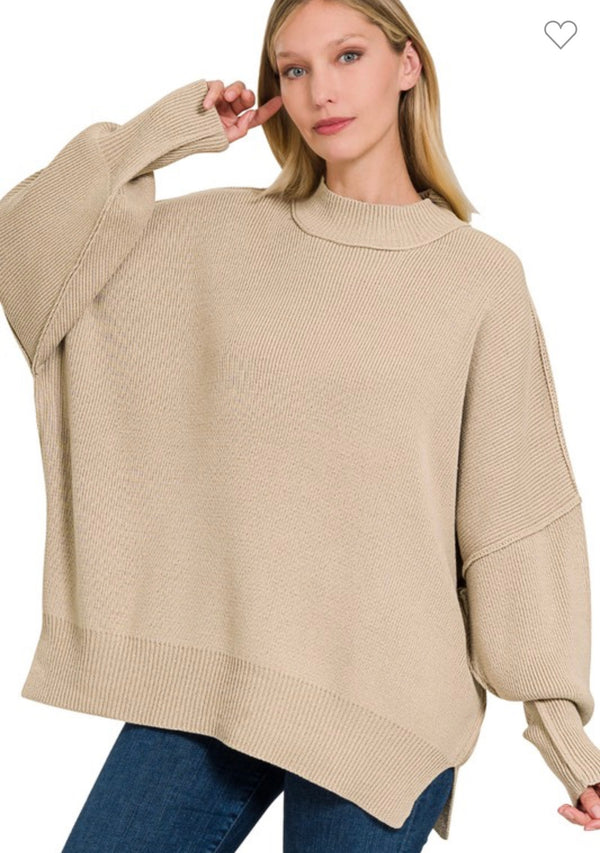 Side Slit Oversized Sweater Beige