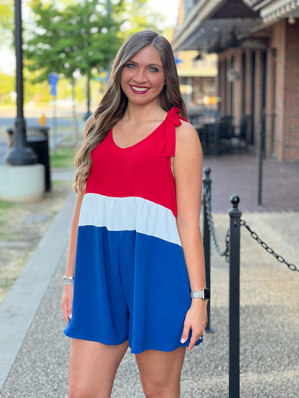 Bow Tied Patriotic Romper Red/White/Blue