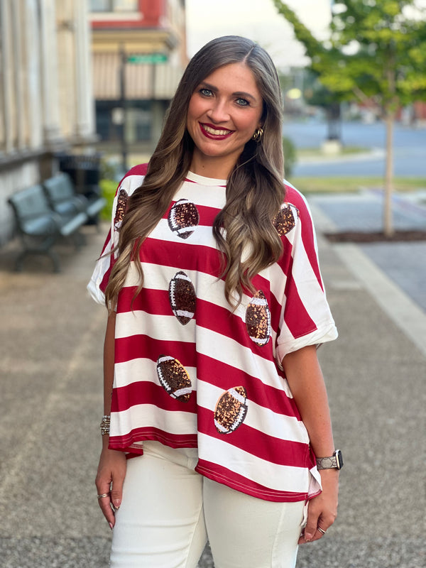 Football Sequin Bold Stripe Top White/Crimson