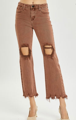 High Rise Distressed Straight Jeans Espresso