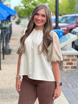 Linen Blended Ruffled Neck Top Natural