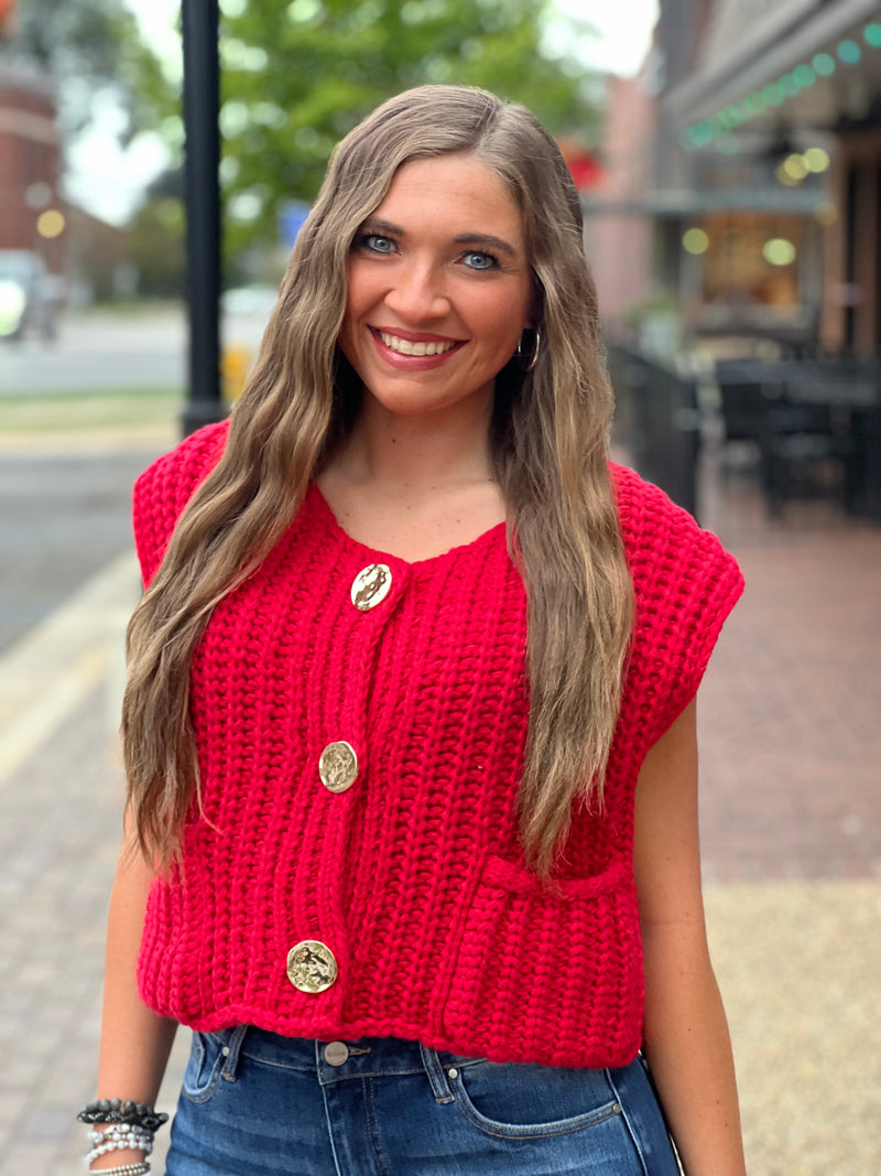 Knit Sleeveless V-Neck Vest Red