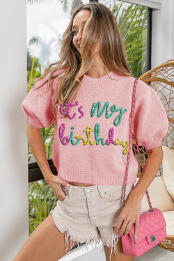 Metallic It's My Birthday Puff Sleeve Top Pink