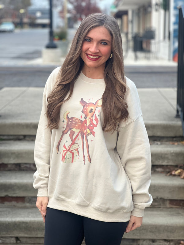 Vintage Christmas Deer Sweatshirt Tan