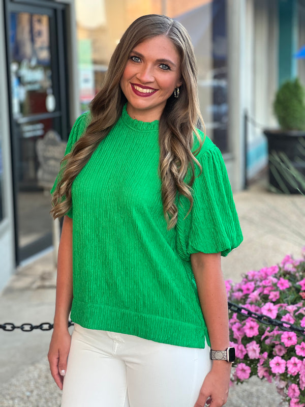 Textured Puffed Sleeves Top Green