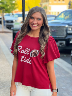 Glitter Lettering Bubble Sleeve Knit Top Crimson