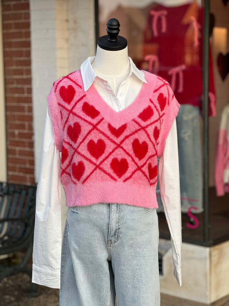 Fuzzy Heart Cropped Sweater Vest Pink/Red