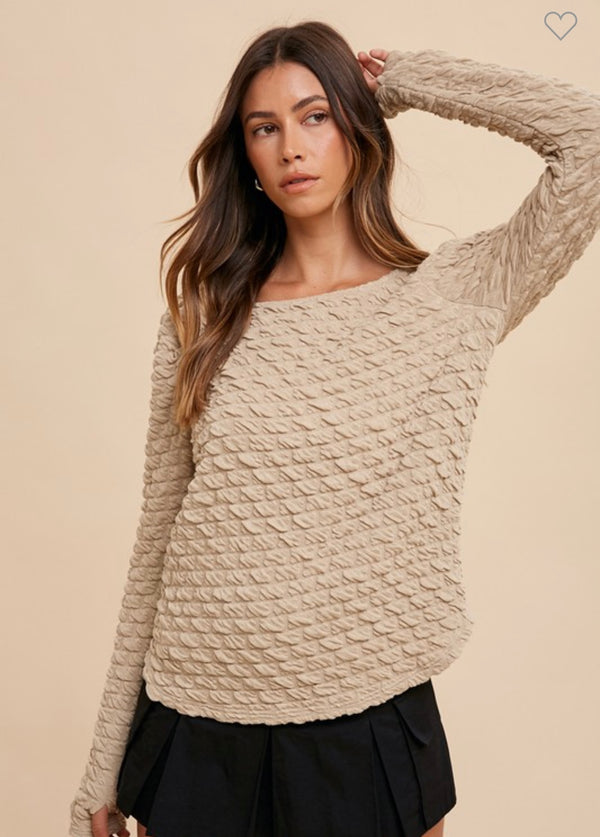 Textured Puff Sleeve Knit Top Taupe